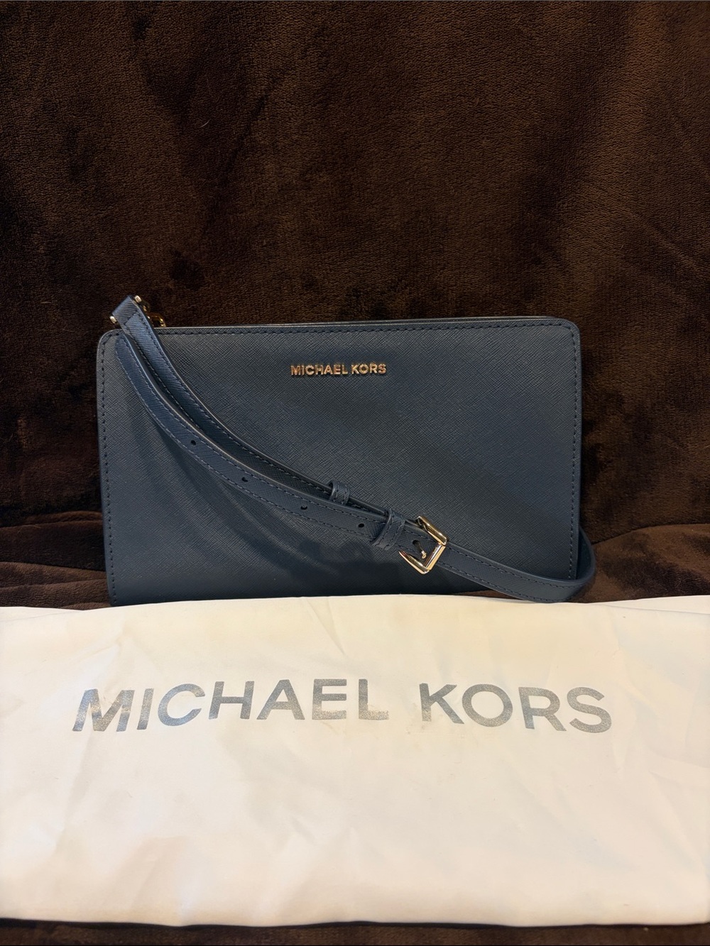 Michael Kors Navy Saffiano Leather Crossbody Wallet with Gold Hardware